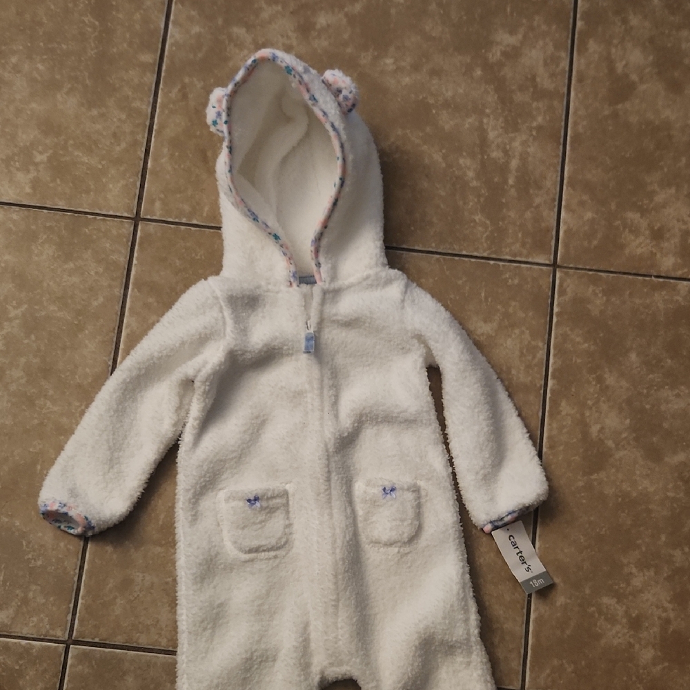 Carter's White Fleece Baby Jumpsuit with Floral Trim
